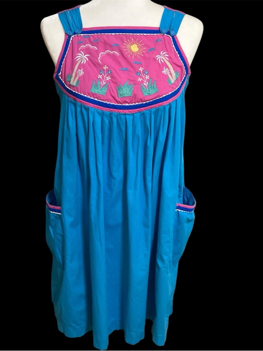 Vintage Turquoise Sundress with Pink Embroidered Yoke
